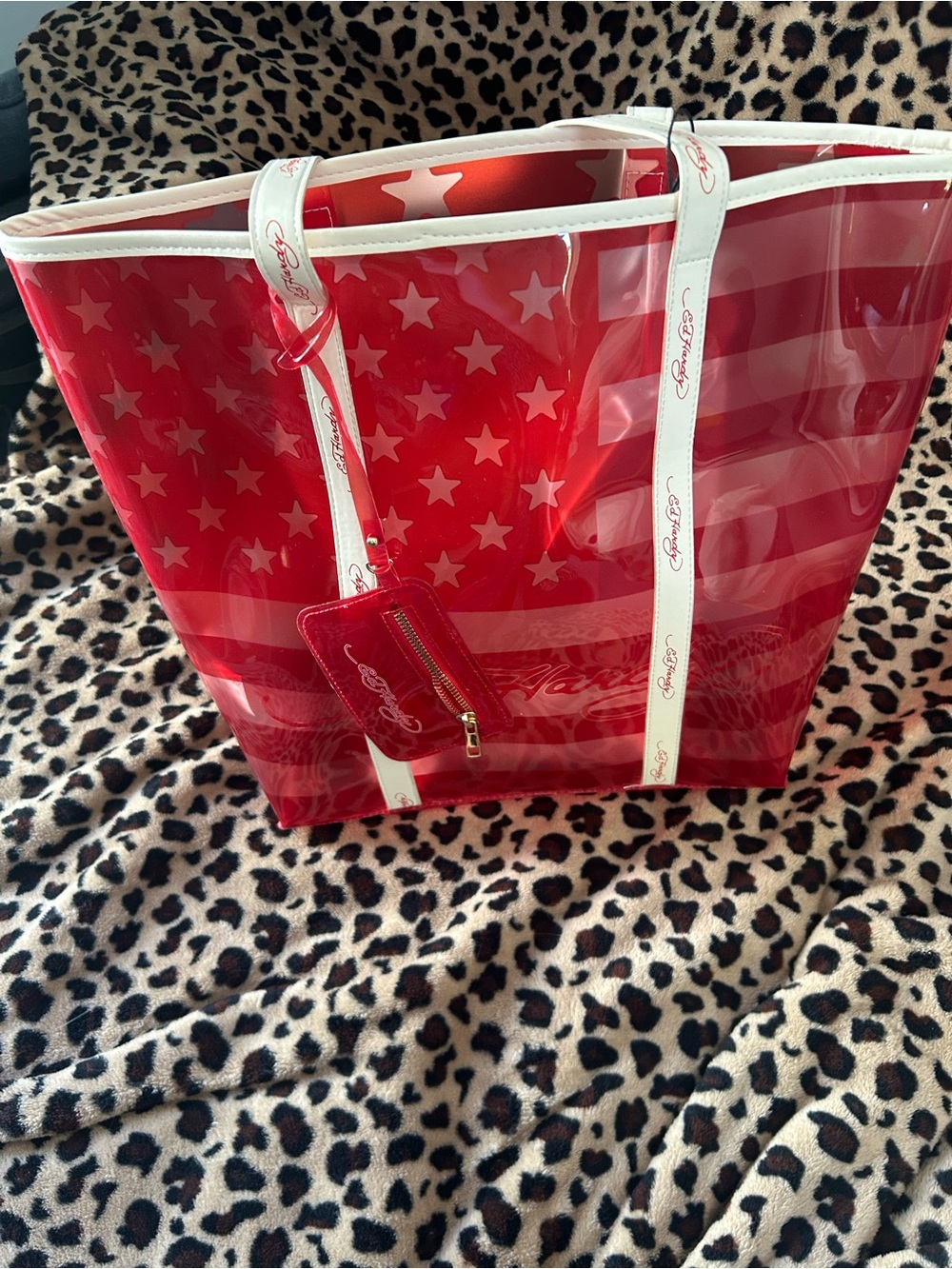 Ed Hardy Red Star Stripe Clear Tote with White Trim